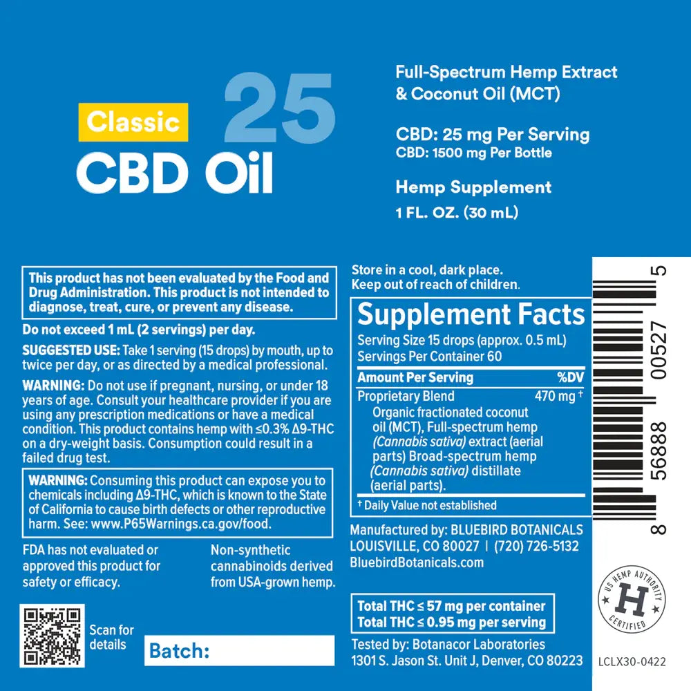 Classic CBD Oil - Extra Strength (25mg/Serving) 1 oz. Supplement Facts Bluebird Botanicals