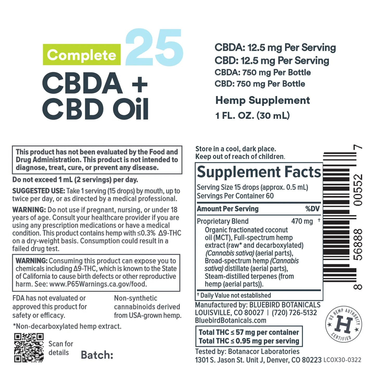 Complete CBDA + CBD Oil - Extra Strength (25 mg/serving)