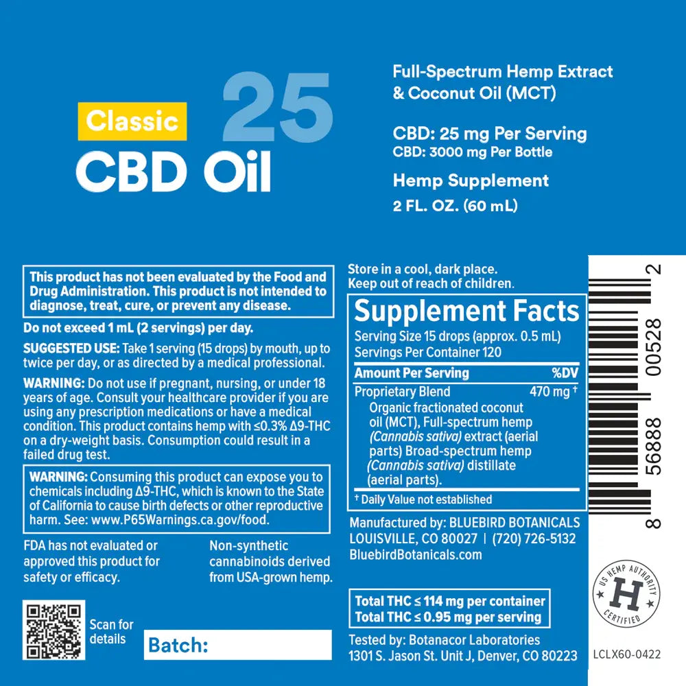 Classic CBD Oil - Extra Strength (25mg/Serving) 2 oz. Supplement Facts Bluebird Botanicals