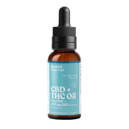 CBD + THC oil bottle with dropper on a black background