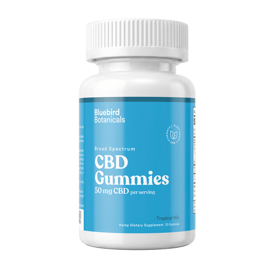 A white plastic bottle of Bluebird Botanicals Broad Spectrum CBD Gummies, 50 mg CBD per serving, with a bright blue label and a white ribbed cap, shown on a solid white background.; Strength: 50 mg;