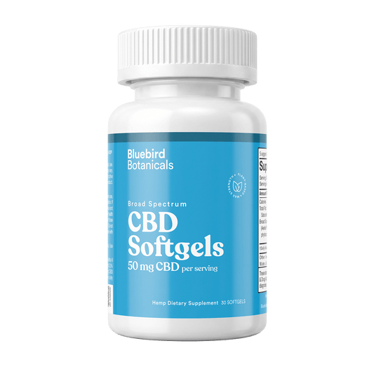 Bluebird Botanicals Broad Spectrum CBD Softgels, 50 mg CBD per serving, 30-count bottle.; Strength: 50 mg;