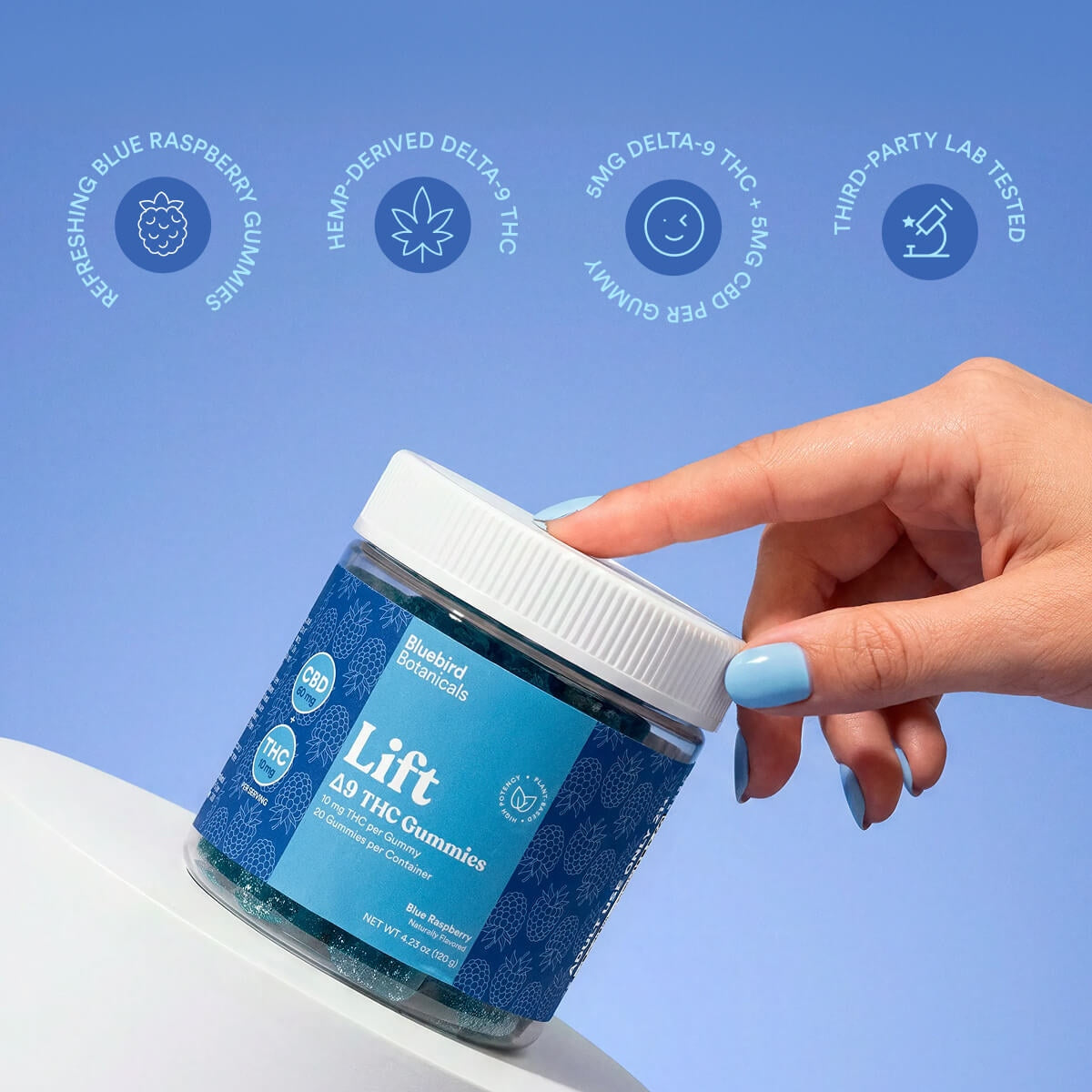 Hand holding a jar of Bluebird Organics Lift gummies against a blue background with product details.; Flavor: Blue Raspberry;