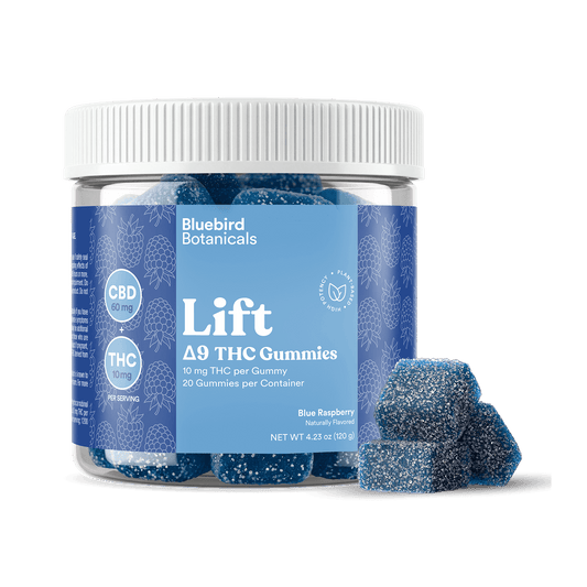 Jar of Bluebird Botanicals Lift Delta 9 THC Gummies with a blue label on a black background.; Flavor: Blue Raspberry;