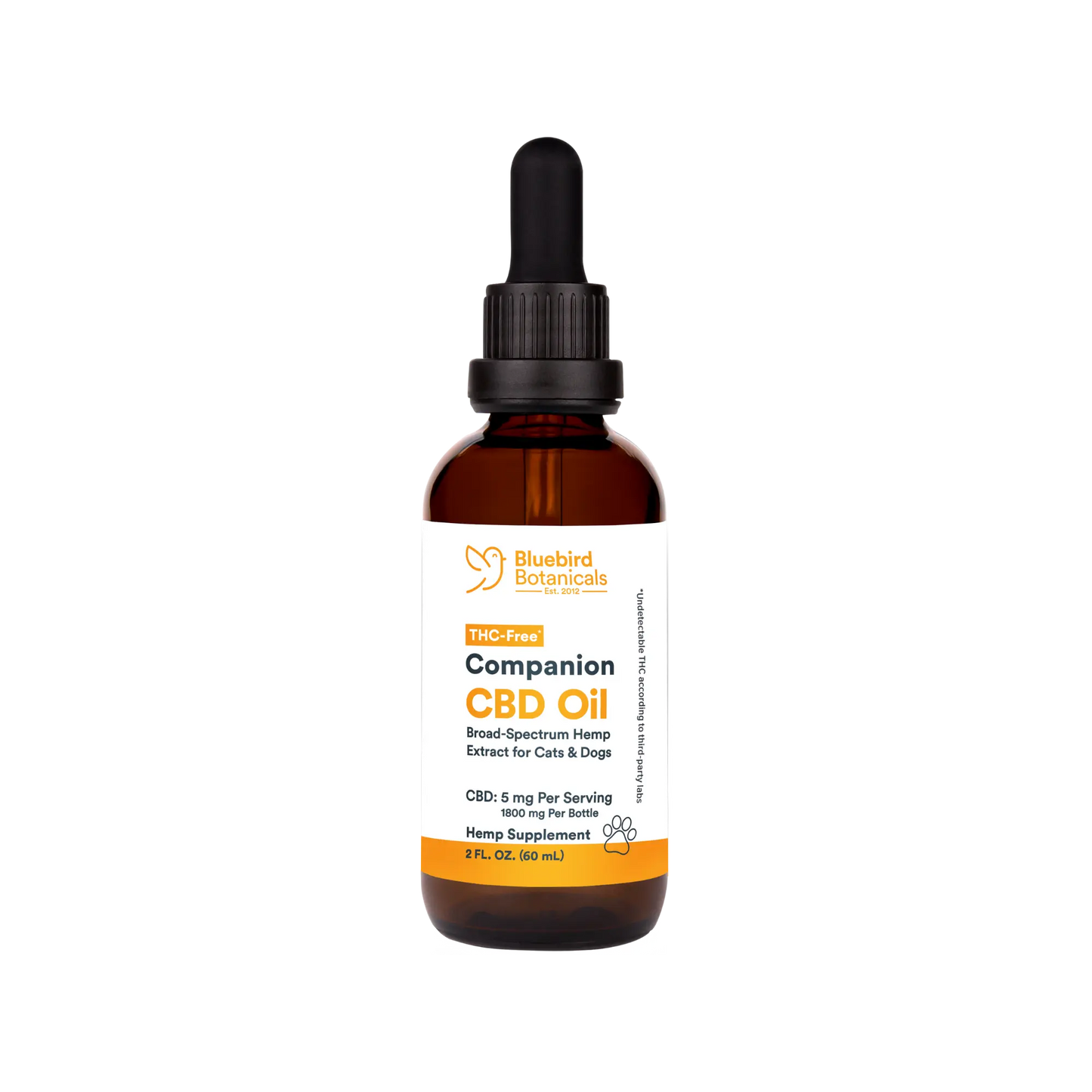A bottle of Companion CBD Oil for Pets with a dropper, labeled with 5 mg of CBD per serving.
