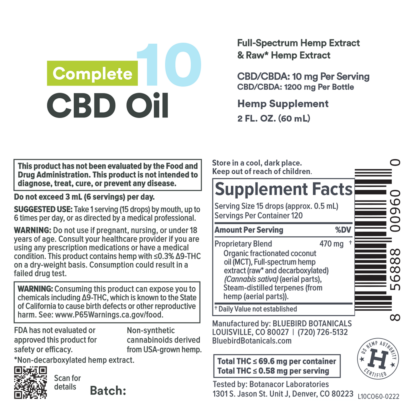 Complete CBDA + CBD Oil (10 mg/serving) Bluebird Botanicals