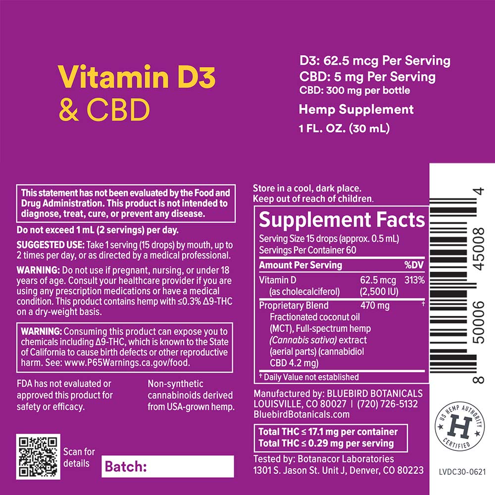 Immune Support† Vitamin D3 & CBD Oil Hemp Extract Oil Bluebird Botanicals