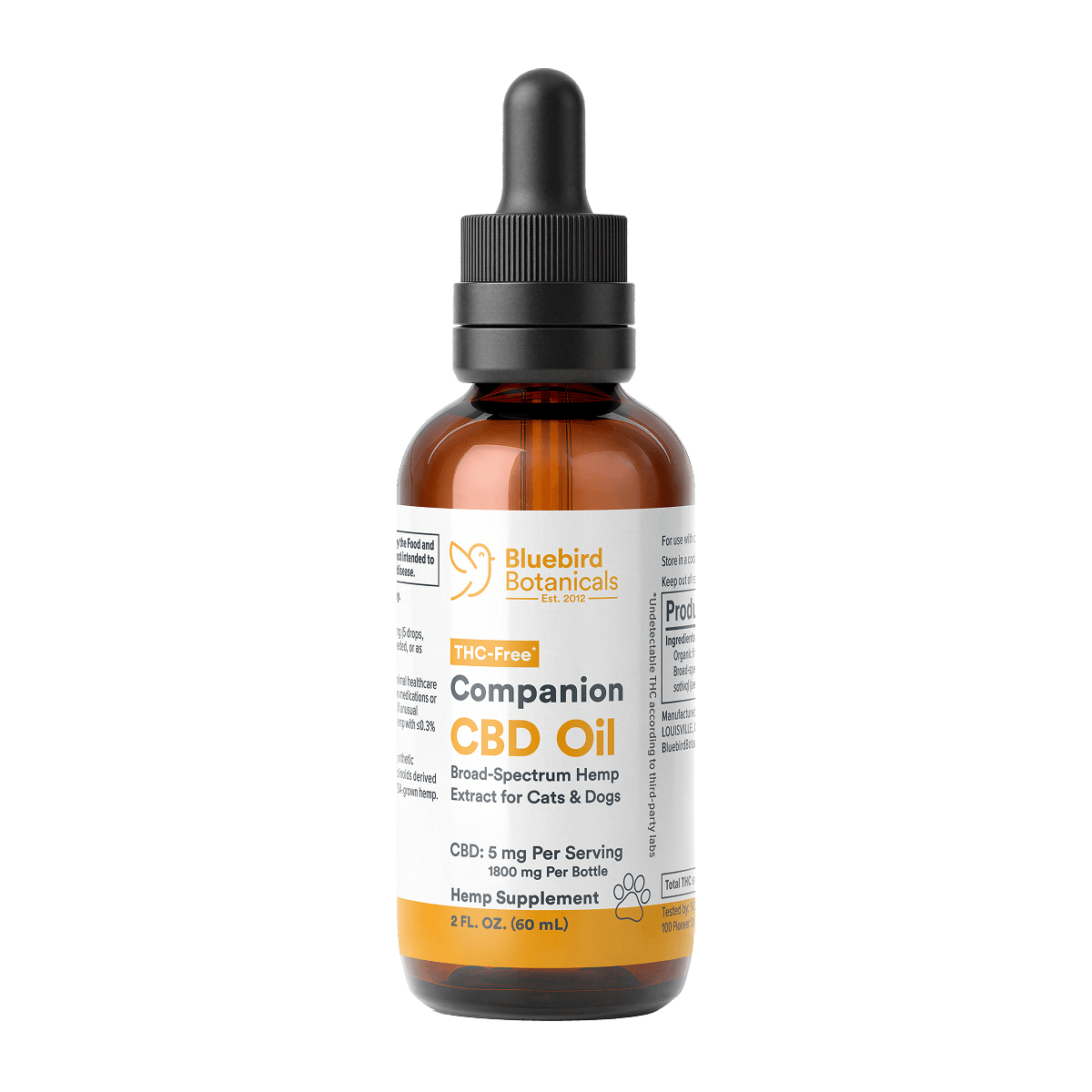 A bottle of Companion CBD Oil for Pets with a dropper, labeled with 5 mg of CBD per serving.