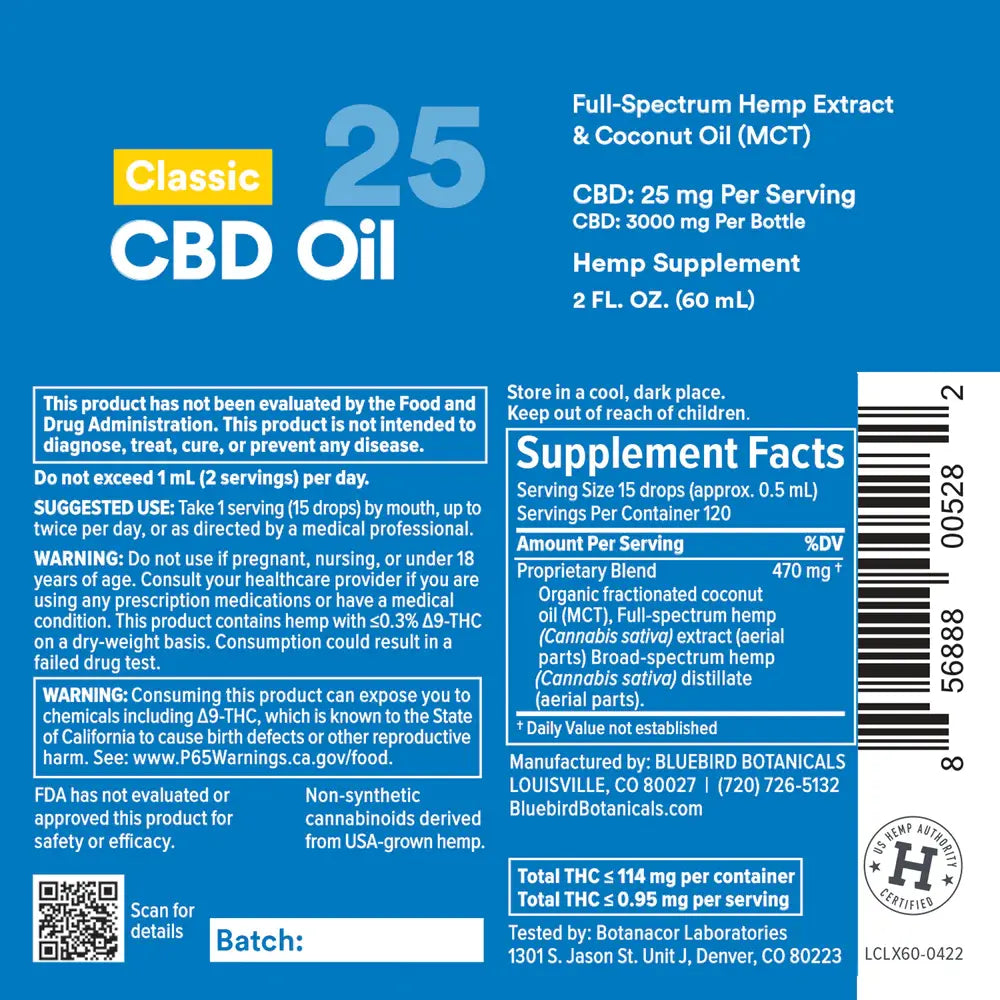 Classic CBD Oil - Extra Strength (25mg/Serving) 2 oz. Supplement Facts Bluebird Botanicals   