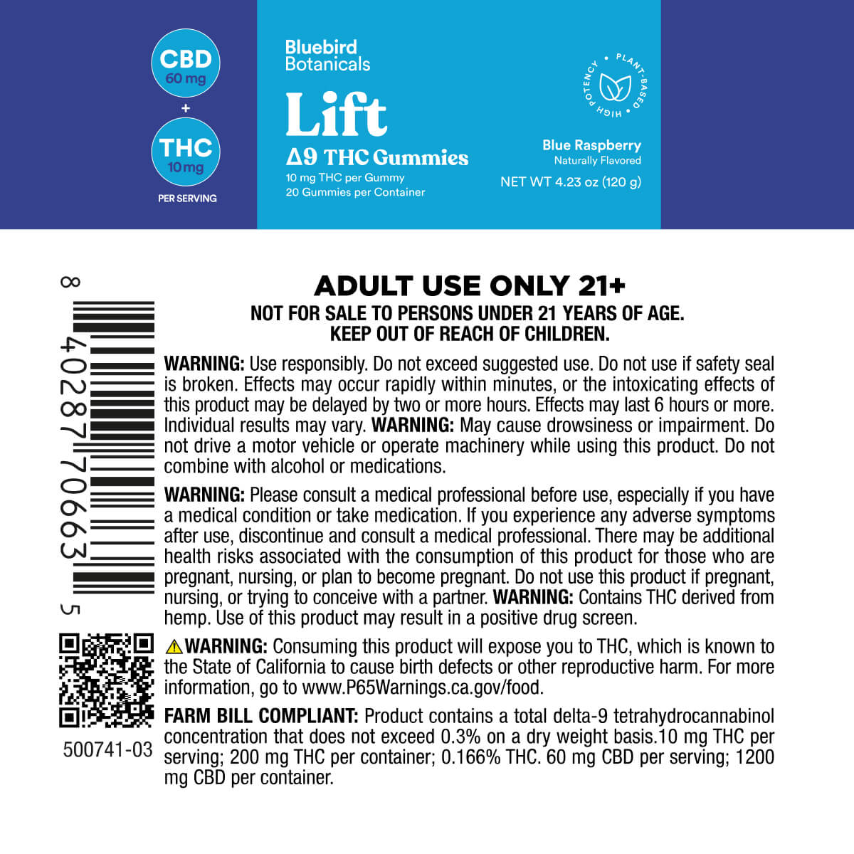 Back label of Bluebird Botanicals Lift Δ9 THC Gummies packaging with warning and product details.; Flavor: Blue Raspberry;