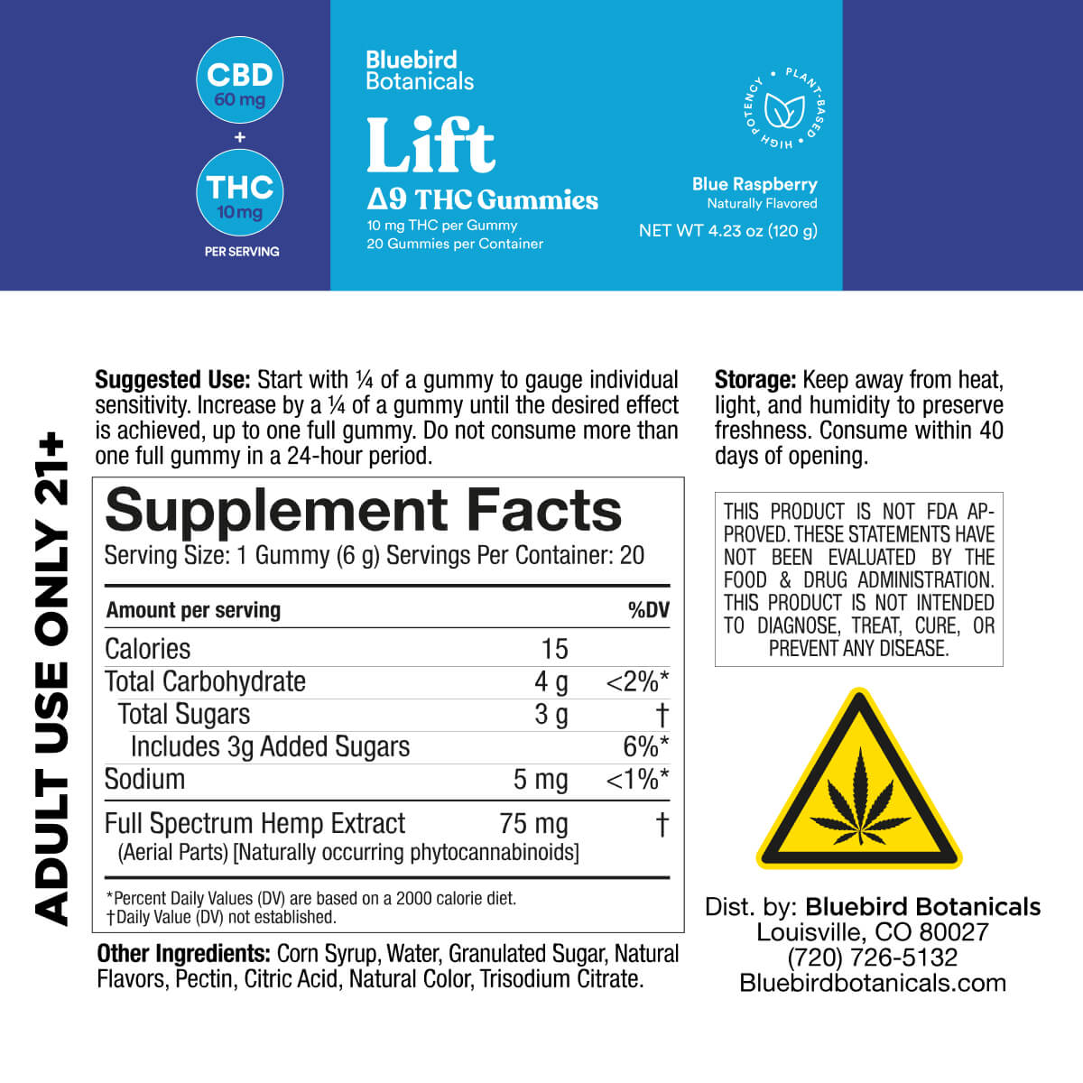 Label for Bluebird Botanicals Lift Delta 9 THC Gummies with supplement facts and warning sign.; Flavor: Blue Raspberry;