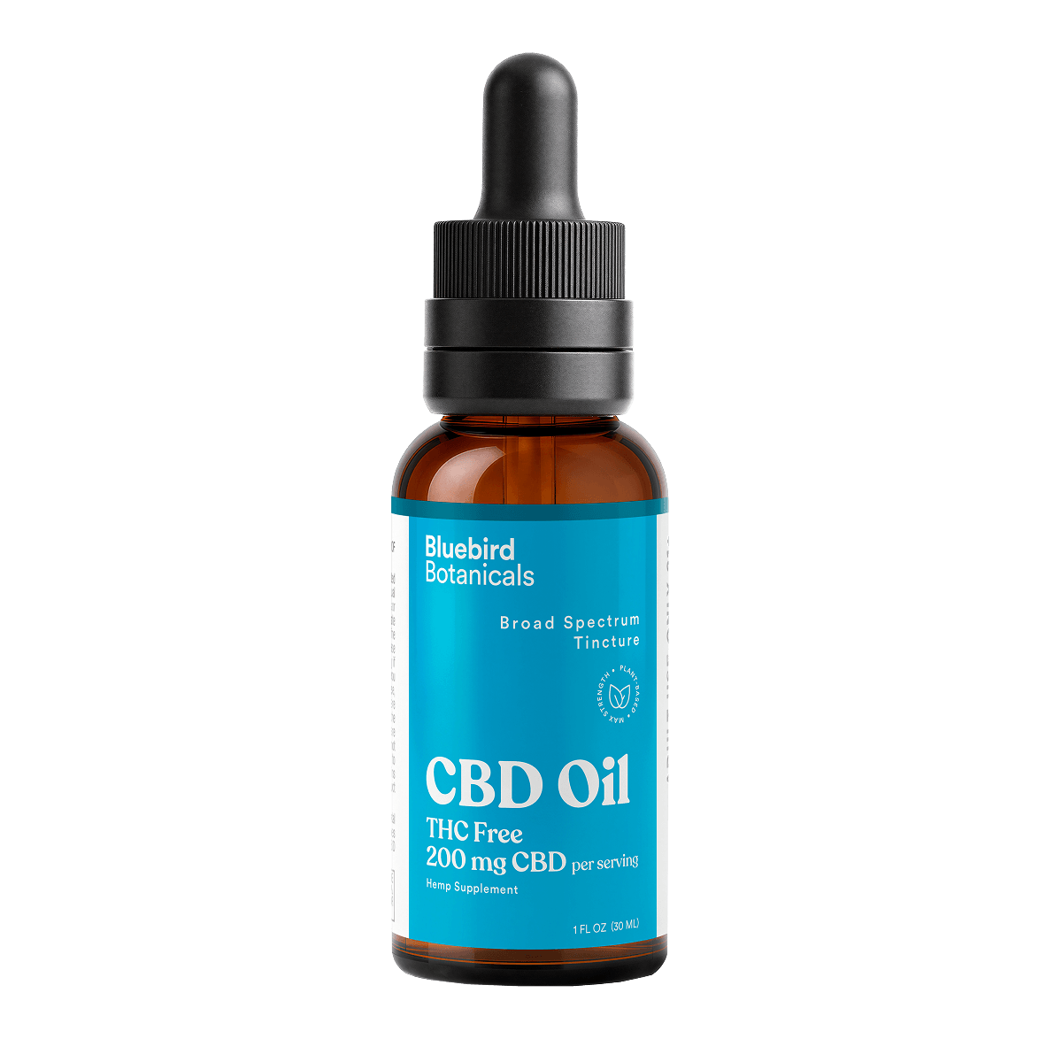 CBD oil bottle with dropper labeled 'Bluebird Botanicals' on a black background