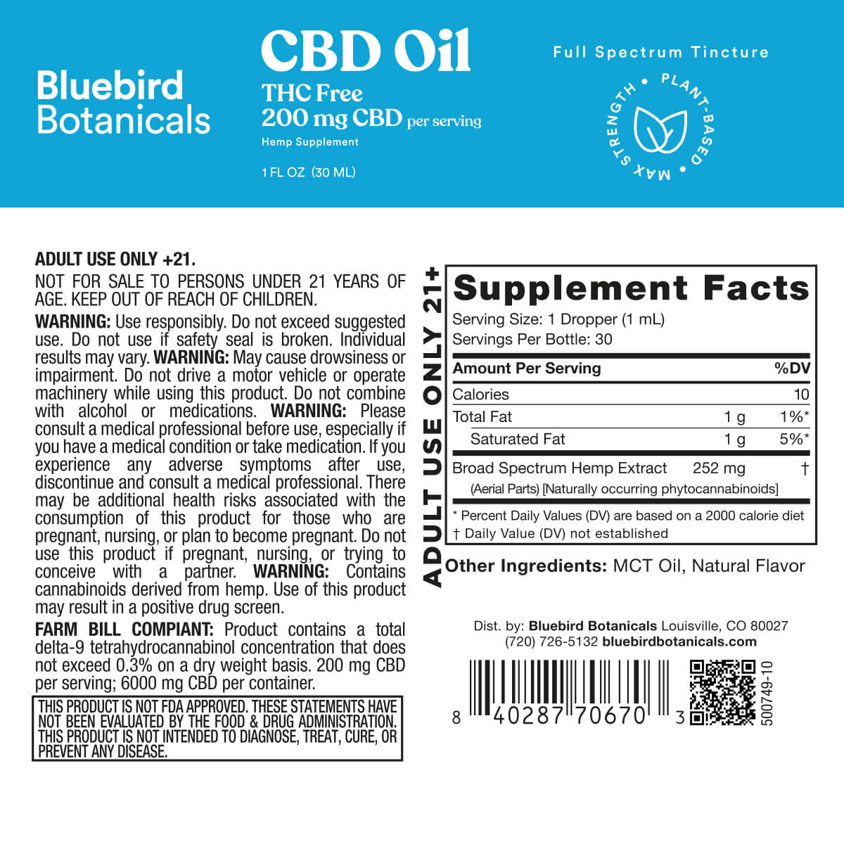 Label of Bluebird Botanicals CBD Oil supplement with supplement facts and product details.