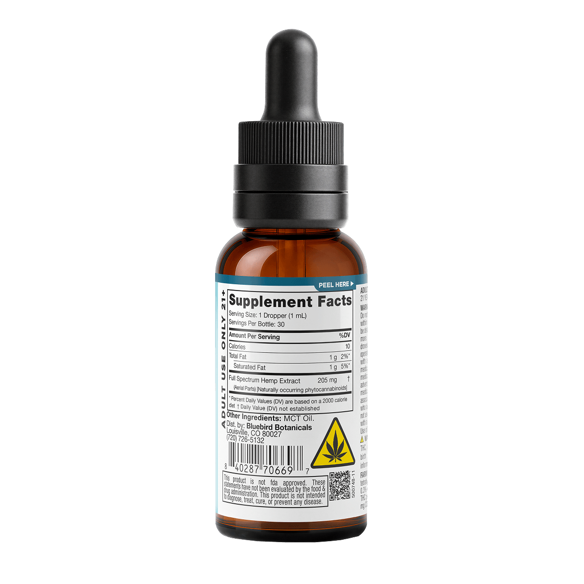 Brown glass bottle with dropper labeled 'Supplement Facts' on a black background