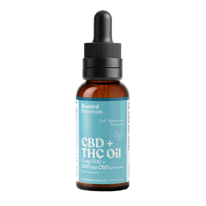 CBD + THC oil bottle with dropper on a black background
