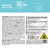 Label for CBD + THC Oil from Bluebird Botanicals with supplement facts and warnings.