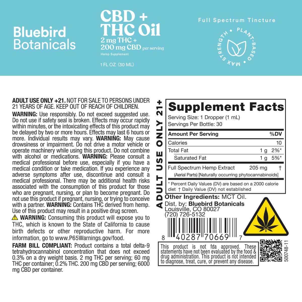 Label for CBD + THC Oil from Bluebird Botanicals with supplement facts and warnings.