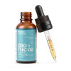 CBD + THC oil bottle with dropper on a white background