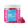 Jar of Bluebird Botanicals Lift Delta 9 THC Gummies with pink gummies on a black background.; Flavor: Dragon Fruit;