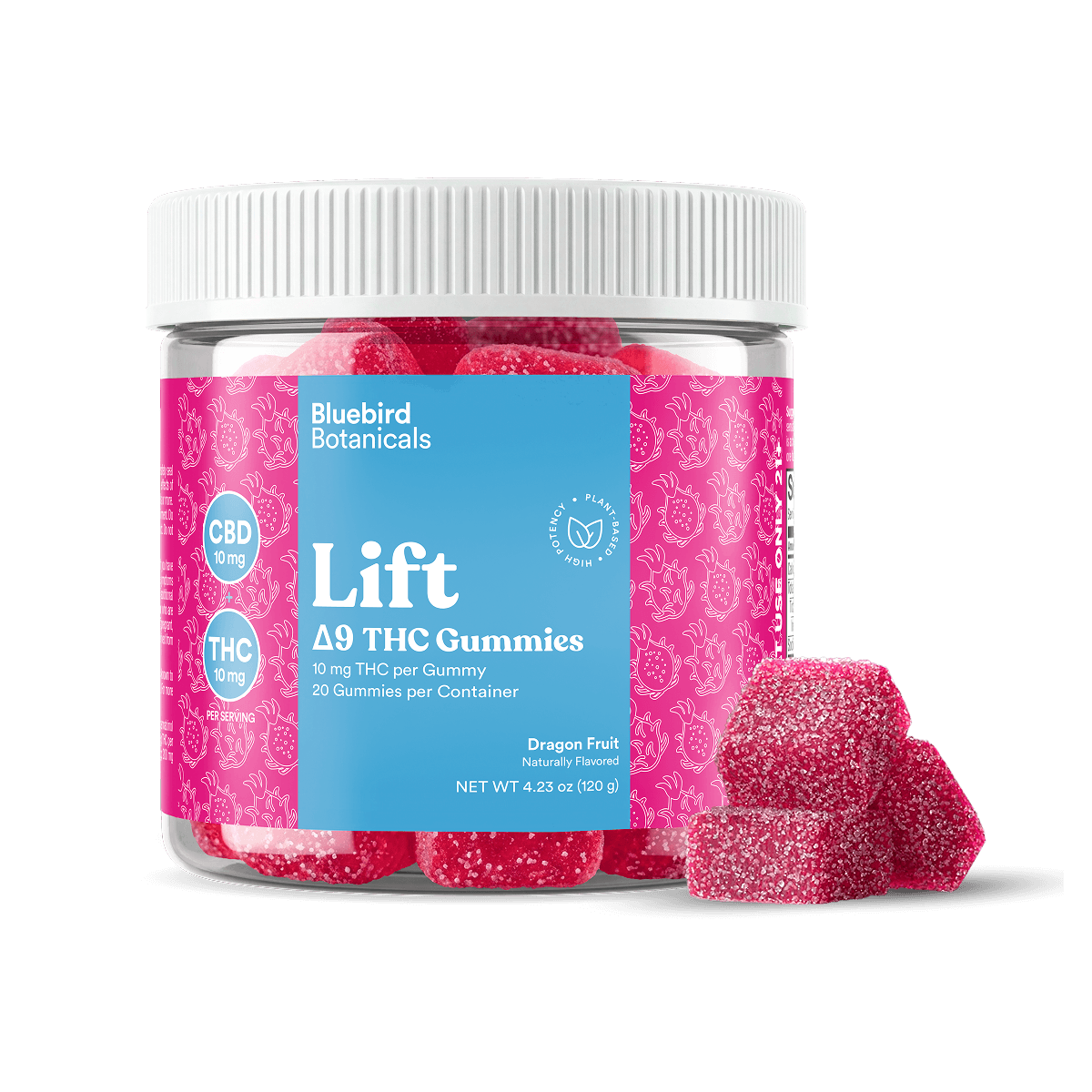 Jar of Bluebird Botanicals Lift Delta 9 THC Gummies with pink gummies on a black background.; Flavor: Dragon Fruit;