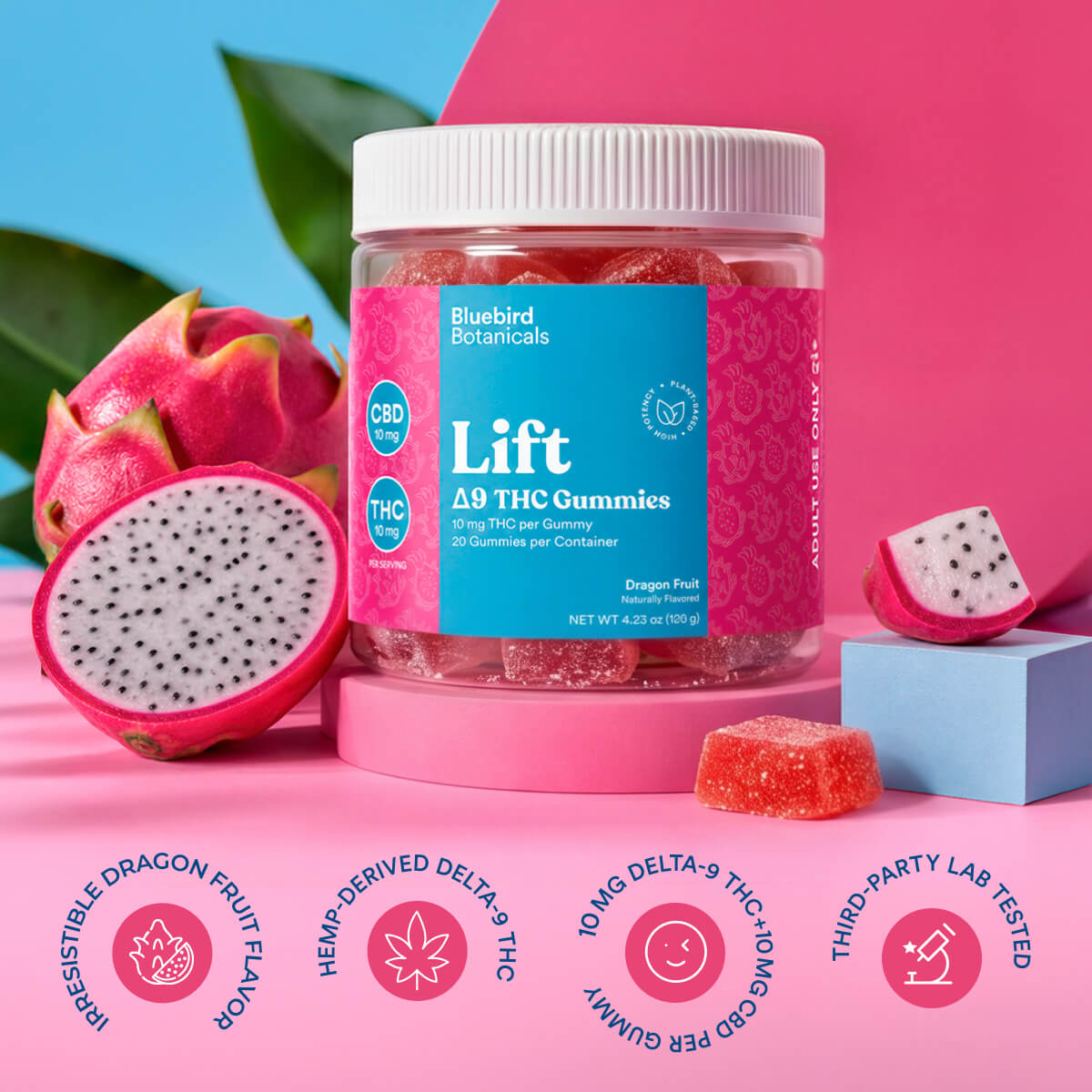 Jar of Bluebird Botanicals THC gummies with dragon fruit on a colorful background.; Flavor: Dragon Fruit;