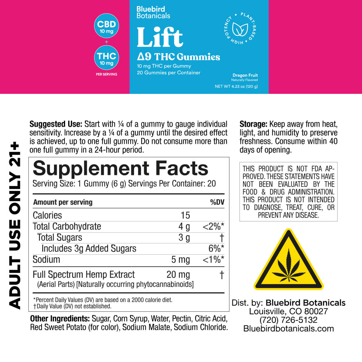 Supplement label for Bluebird Botanicals Lift THC gummies with warning symbol and text.; Flavor: Dragon Fruit;