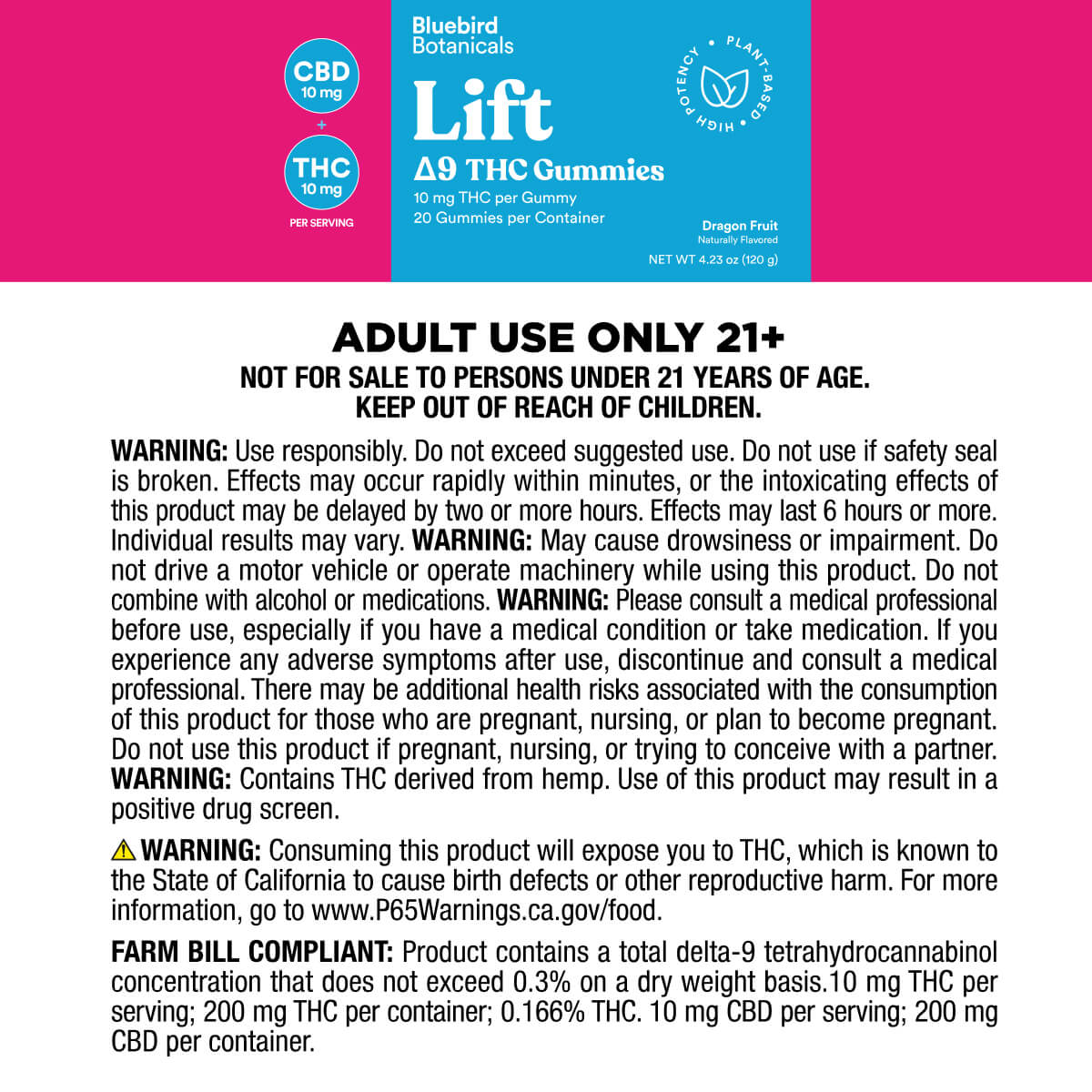 Bluebird Botanicals Lift THC gummies packaging with warning label on a pink background.; Flavor: Dragon Fruit;