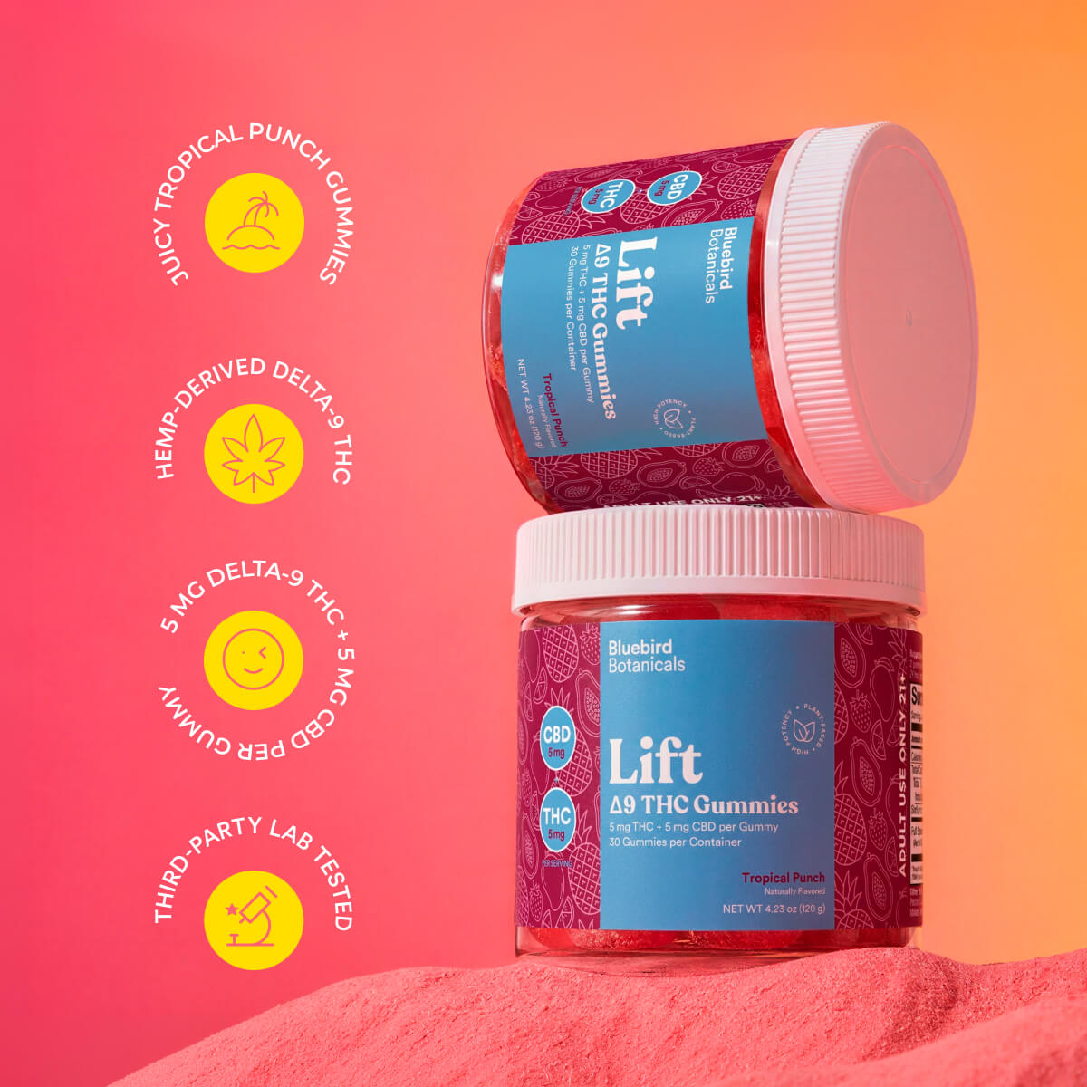 Two jars of Bluebird Botanicals 'Lift' Delta-9 THC gummies are stacked on a pink fabric surface against a warm orange-to-pink gradient background. Yellow circular badges on the left highlight key product features: 'Juicy Tropical Punch Gummies', 'Hemp-Derived Delta-9 THC', '5 MG Delta-9 THC 5 MG CBD', and 'THIRD-PARTY LAB TESTED'.; Flavor: Tropical Punch;
