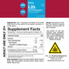 Bluebird Botanicals Lift Tropical Punch Delta 9 THC Gummies packaging and supplement facts label. The top portion shows a blue and red product box with a yellow logo, and the bottom portion displays the Supplement Facts panel with serving size, calories, sugars, and other ingredients, alongside an adult use warning and a yellow warning label.; Flavor: Tropical Punch;