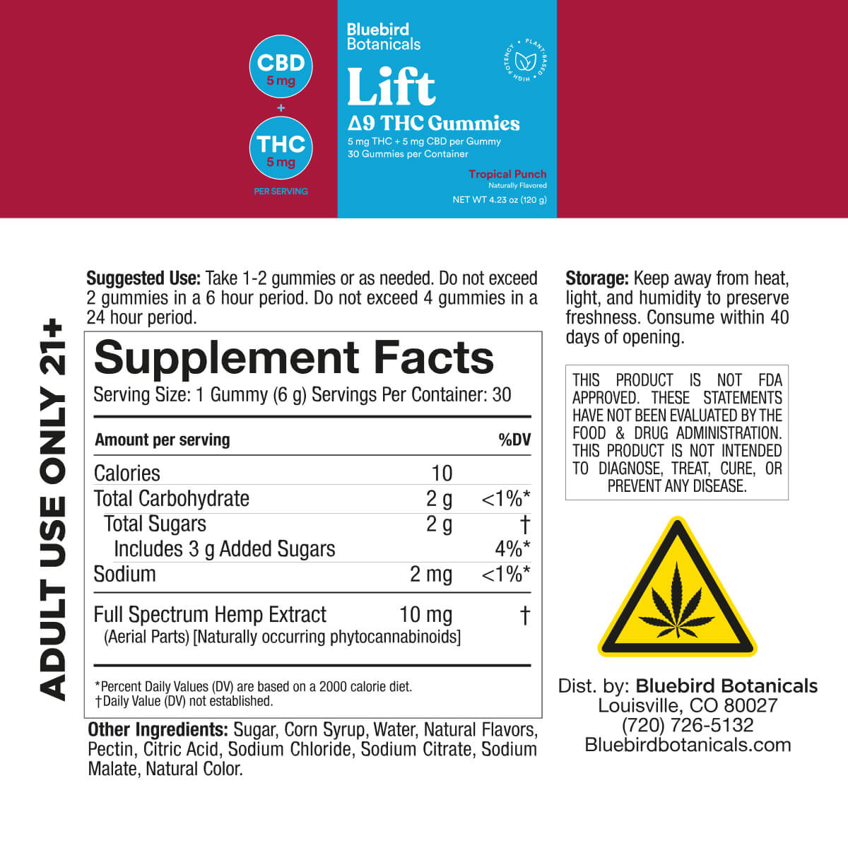 Bluebird Botanicals Lift Tropical Punch Delta 9 THC Gummies packaging and supplement facts label. The top portion shows a blue and red product box with a yellow logo, and the bottom portion displays the Supplement Facts panel with serving size, calories, sugars, and other ingredients, alongside an adult use warning and a yellow warning label.; Flavor: Tropical Punch;