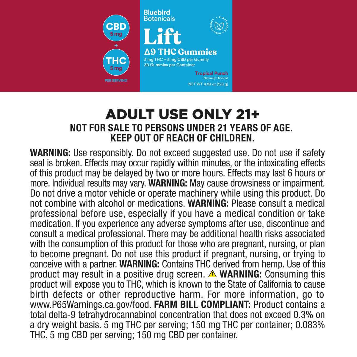 A square product information card for Bluebird CBD Lift Tropical Punch Delta THC Gummies. The top features a dark red header with a blue circular logo, and the rest of the card is white with black warning text detailing adult use only, warnings, and product contents.; Flavor: Tropical Punch;