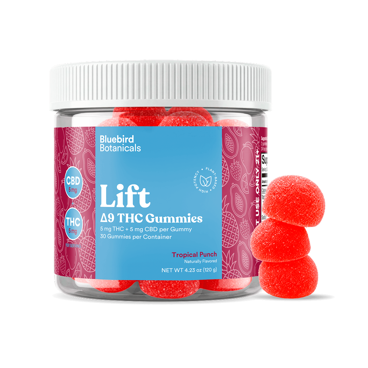 A clear plastic jar of Bluebird Botanicals Lift Tropical Punch Delta THC Gummies with a white ribbed lid and a blue and magenta label, shown alongside three red gummy candies on a white background.; Flavor: Tropical Punch;