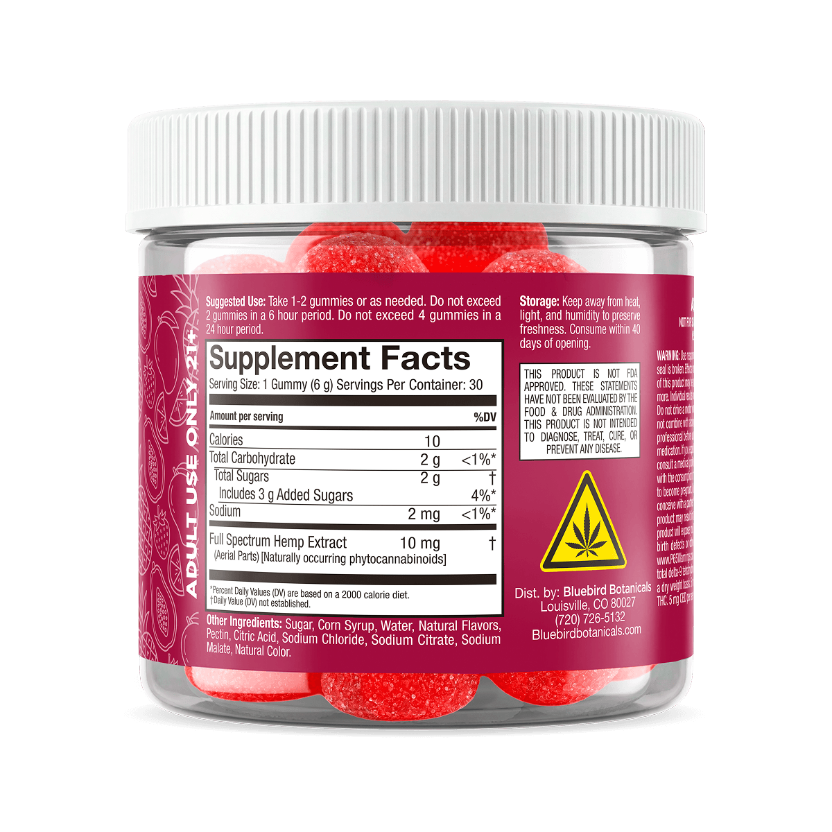 A clear plastic jar of Lift Tropical Punch Gummies with a white ribbed cap, showing red gummies inside and a pink and white label with a supplement facts panel.; Flavor: Tropical Punch;