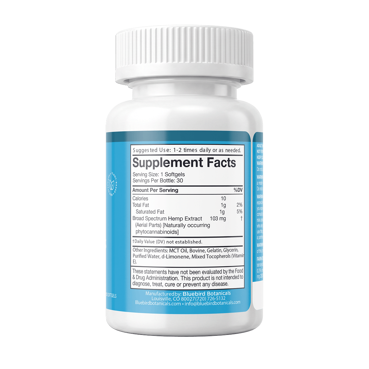 Back label of Bluebird Botanicals 100 mg CBD Softgels showing supplement facts and ingredients.; Strength: 100 mg;