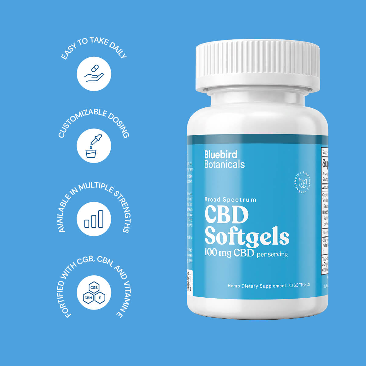 Bluebird Botanicals 100 mg CBD Softgels bottle beside icons describing product features.; Strength: 100 mg;