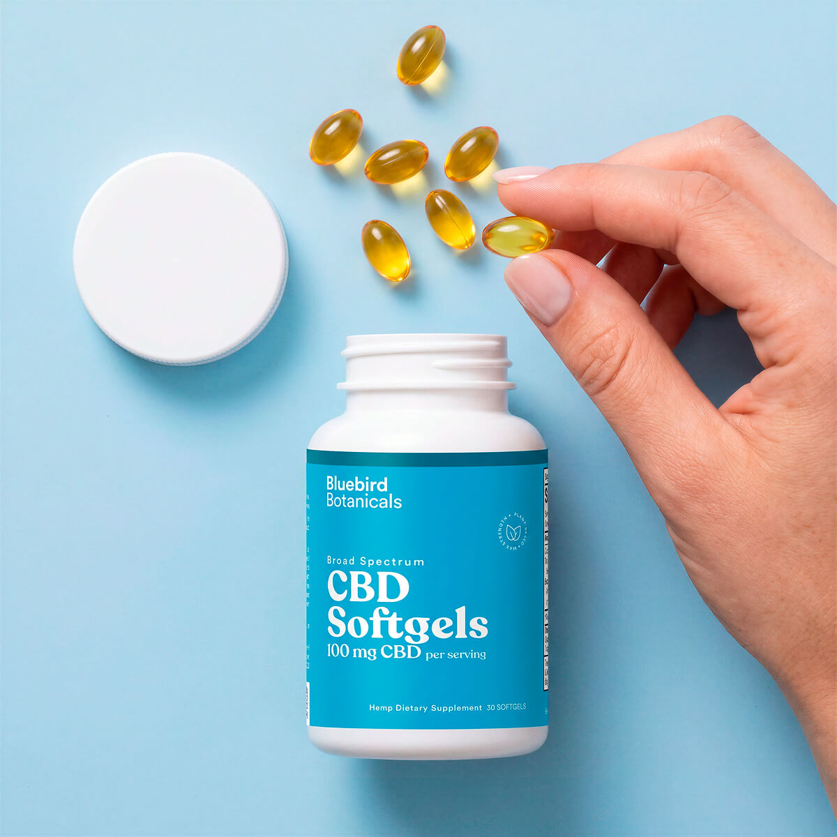 Hand holding a golden softgel beside an open bottle of Bluebird Botanicals 100 mg CBD Softgels.; Strength: 100 mg;