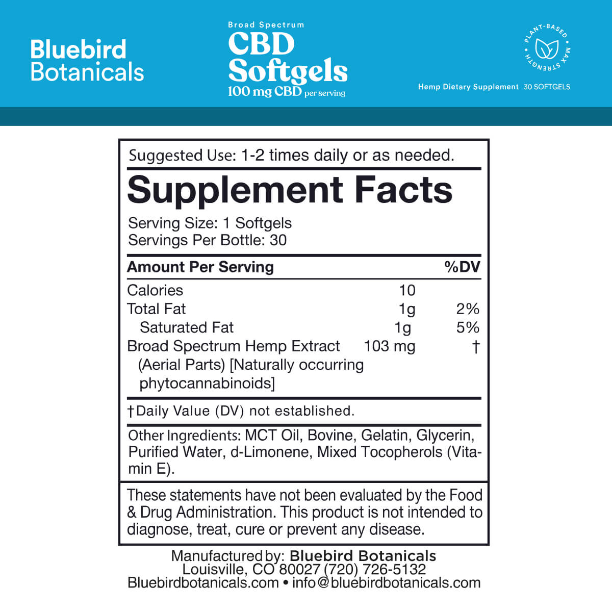 Supplement facts and ingredients for Bluebird Botanicals 100 mg Broad Spectrum CBD Softgels.; Strength: 100 mg;