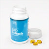 Open bottle of Bluebird Botanicals 100 mg Broad Spectrum CBD Softgels with three golden softgels.; Strength: 100 mg;