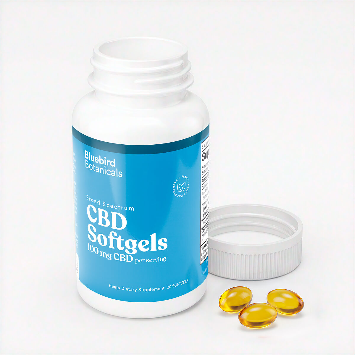 Open bottle of Bluebird Botanicals 100 mg Broad Spectrum CBD Softgels with three golden softgels.; Strength: 100 mg;