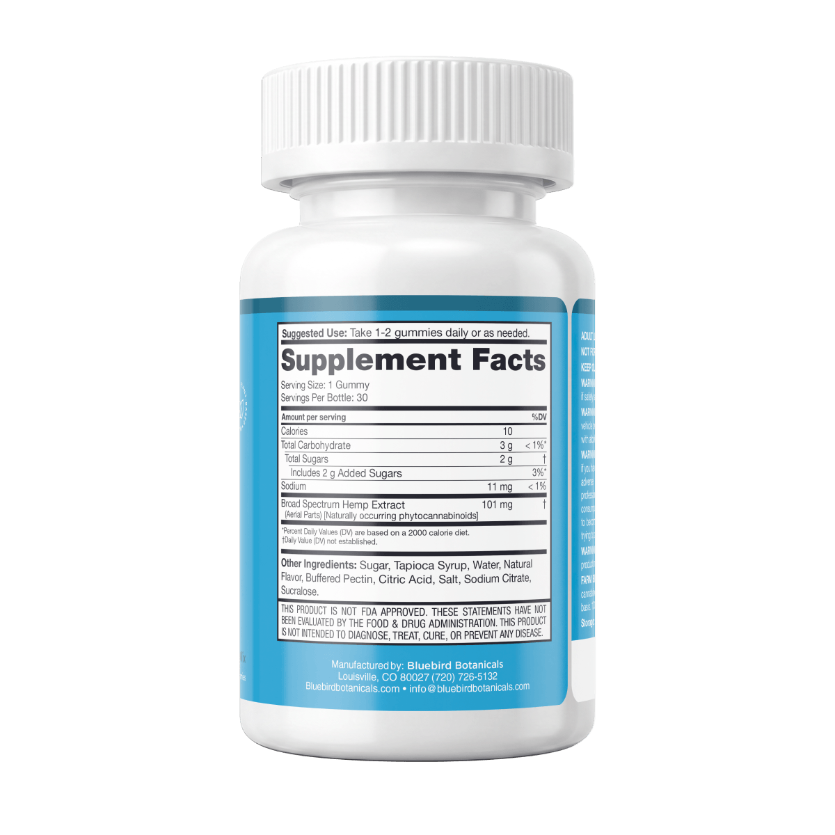 A white plastic bottle of dietary supplements with a ribbed white cap, showing the back label with a blue border and 'Supplement Facts' panel. The label includes product details and a disclaimer at the bottom.; Strength: 100 mg;