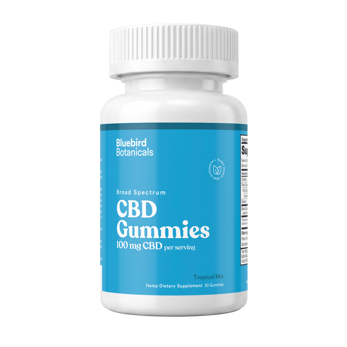 A white plastic bottle of Bluebird Botanicals CBD Gummies with a bright blue label, shown on a clean white background.; Strength: 100 mg;