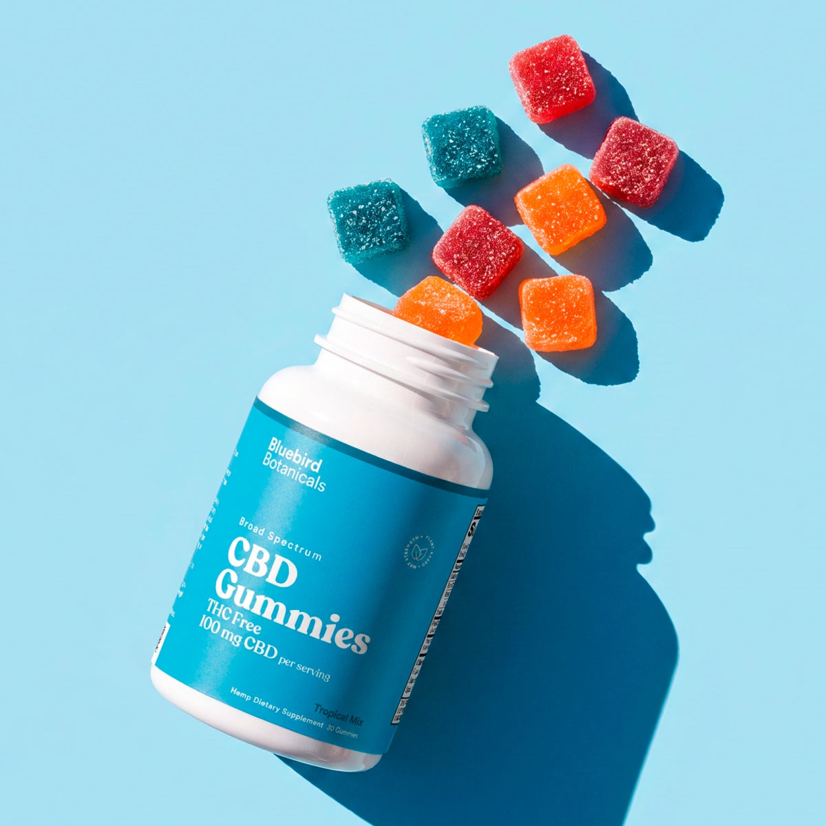 An open white bottle of Bluebird Botanicals CBD Gummies with a bright blue label, shown on a light blue background with several colorful gummies floating above it.; Strength: 100 mg;