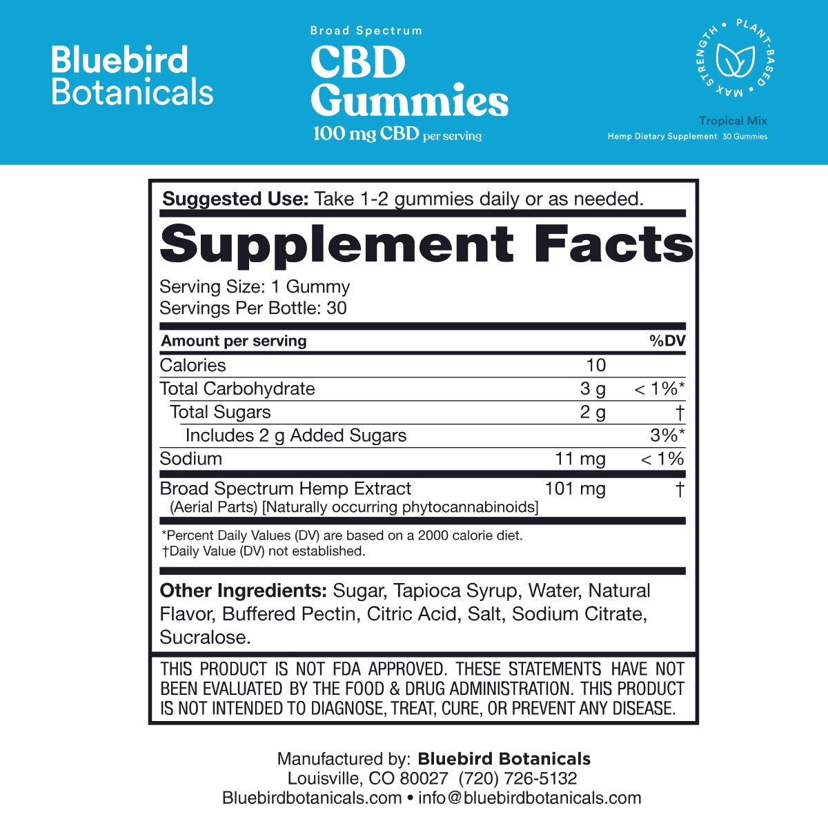 A supplement facts label for Bluebird Botanicals CBD Gummies, showing serving size, calories, sugars, sodium, and ingredients on a white background with a blue header.; Strength: 100 mg;