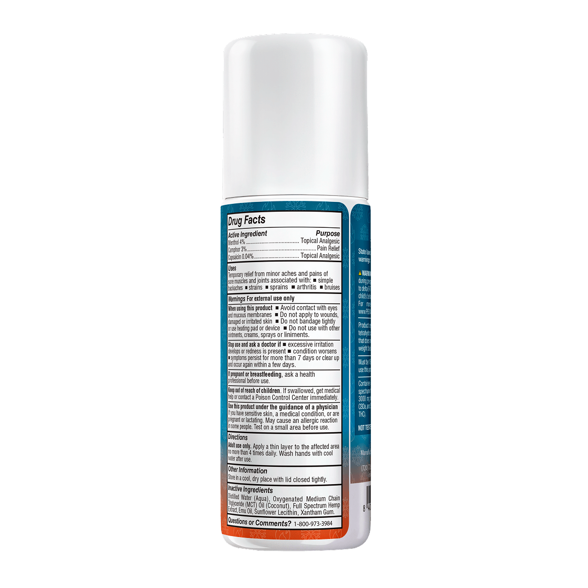 A white plastic bottle of Dual Action Roll On shown from the back, displaying the detailed ingredient facts label on a clean white background.