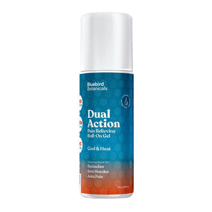 A single bottle of Bluebird Botanicals Dual Action Pain Relieving Roll-On Gel, featuring a white cap and a blue-to-orange gradient label, centered on a plain white background.