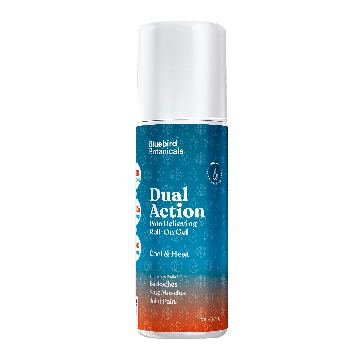 A single bottle of Bluebird Botanicals Dual Action Pain Relieving Roll-On Gel, featuring a white cap and a blue-to-orange gradient label, centered on a plain white background.