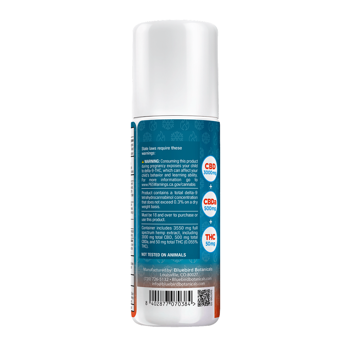 A white cylindrical bottle of Dual Action Roll On shown from the back, featuring a blue label with white text and circular CBD 3000 mg, CBA 500 mg, and THC 50 mg badges.