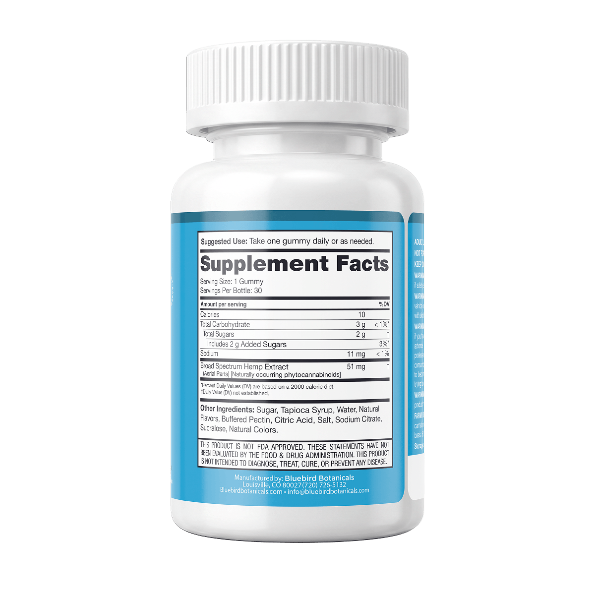 A white plastic bottle of dietary supplements with a ribbed white cap, showing the back label with a blue border and 'Supplement Facts' panel. The label includes product details and a disclaimer at the bottom.; Strength: 50 mg;