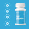 A white bottle of Bluebird Botanicals CBD Gummies with a bright blue label, shown on a solid blue background with four circular feature icons on the left.; Strength: 50 mg;