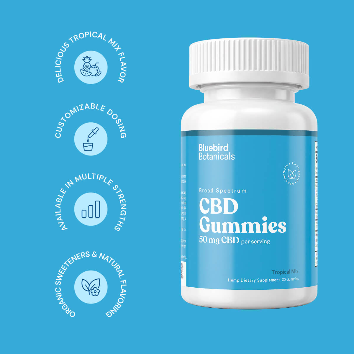 A white bottle of Bluebird Botanicals CBD Gummies with a bright blue label, shown on a solid blue background with four circular feature icons on the left.; Strength: 50 mg;